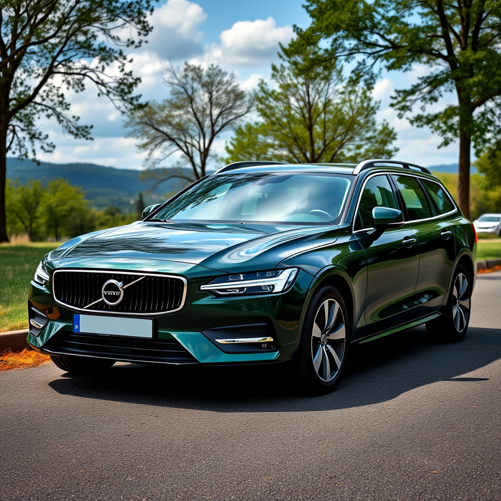 Create a high-resolution image of a dark green Volvo station wagon parked in a scenic outdoor setting, shot with a DSLR camera at f/8 aperture, 1/250 sec shutter speed, ISO 100, at a 45-degree angle from the front-left side to highlight the car's features.