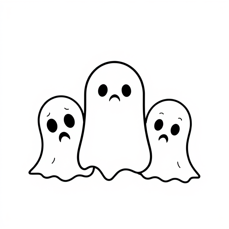 Three cute cartoon ghosts with different expressions one looks surprised one looks sad and one looks curious in a simple black outline style on a white background