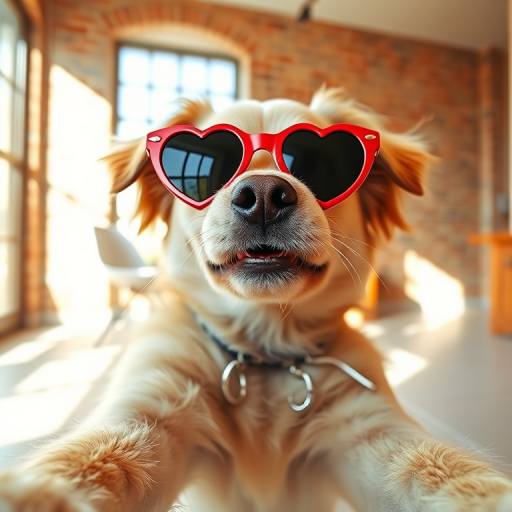 A cute dog wearing heart-shaped sunglasses posing for a selfie in a sunlit room with a brick wall background and a tiled floor. The dog has a fluffy coat and a playful expression.