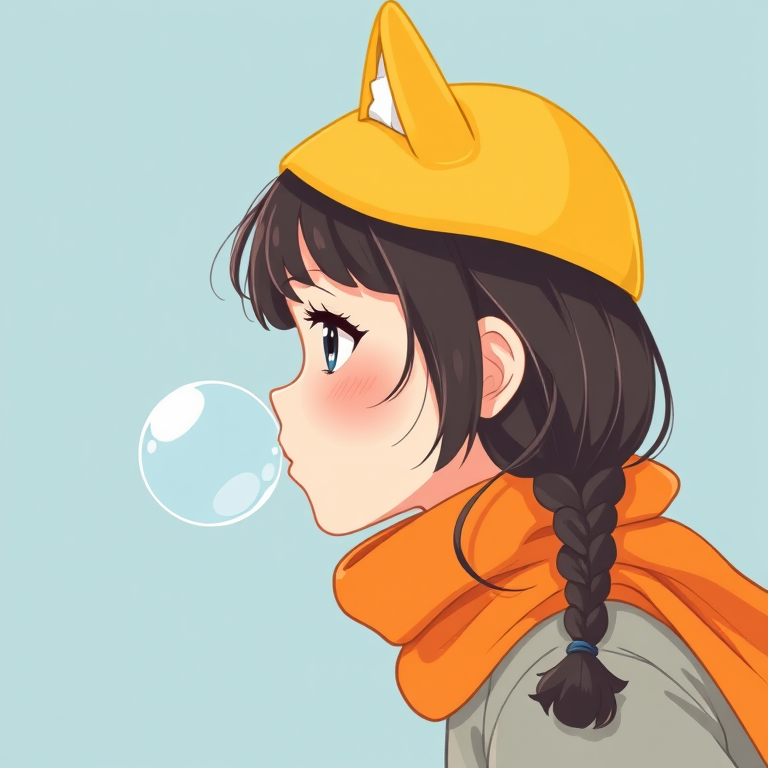 regenerate an illustration of a girl in profile wearing a yellow cat-ear hat and an orange scarf, blowing a bubble, with a solid light blue background, using a Canon EOS 5D Mark IV, aperture f/2.8, shutter speed 1/125s, ISO 100, soft focus style, and vibrant color enhancement techniques