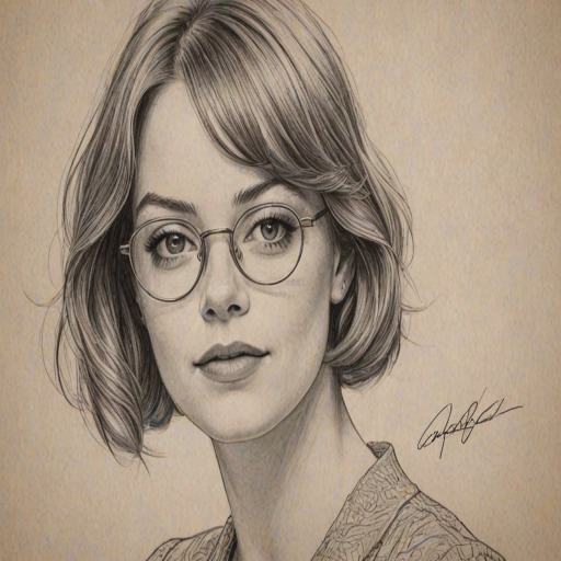 Magnificent Emma Stone, pencil sketch, portrait of Captivating woman 1920s in glasses, hair style beatnik, outline, clear lines, fine lines, 8k