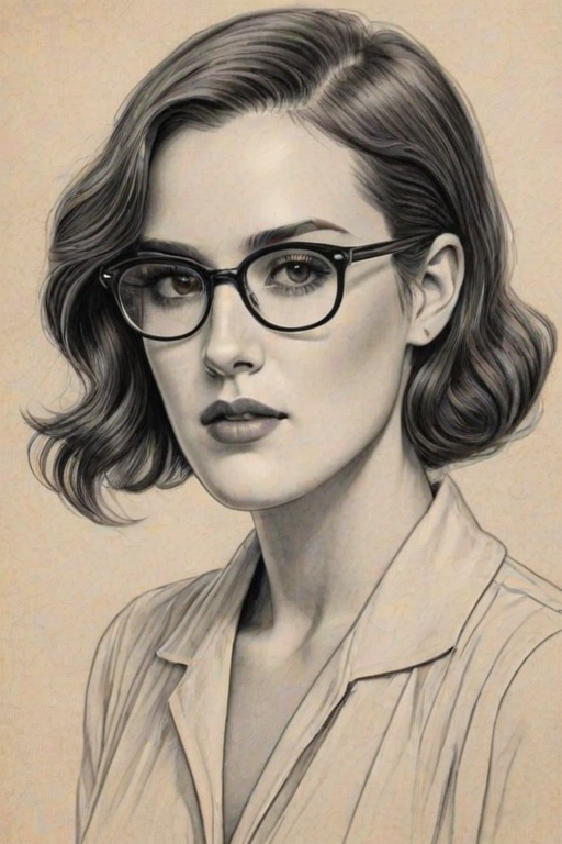 Elegant Rumer Willis, pencil sketch, portrait of Graceful woman 1920s in glasses, hair style beatnik, outline, clear lines, fine lines, 8k