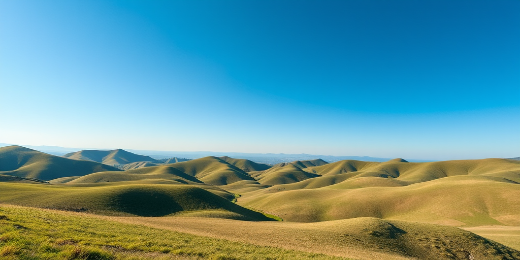 Generate an image of a serene landscape featuring rolling hills and a clear blue sky, captured with a Canon EOS R5 at 24mm, f/8, ISO 100, using a wide-angle lens for vibrant colors and sharp details.