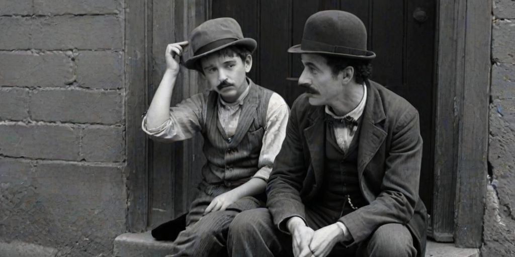 A black-and-white photograph of a man and a child sitting on steps in front of a doorway. The man is dressed as a tramp with a bowler hat, mustache, and ragged clothes, reminiscent of Charlie Chaplin's iconic look. He is sitting with his arms crossed and an expression of slight sadness or frustration. Next to him is a young boy, also in worn clothes and a cap, sitting with his hands clasped, looking thoughtful. The background is an old, textured wall and a partially open door, creating a vintage, early 20th-century atmosphere.