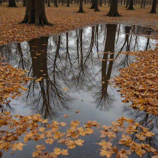 trees reflecting in a puddle of water mirror of trees, a cloudy sky with golden light, low grip, autumn atmosphere, dead leaves in the puddle, 4k