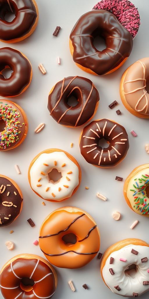 Create a high-resolution digital illustration of assorted donuts including chocolate, vanilla, glazed, and sprinkled varieties scattered on a light gray background, focus on vibrant colors, use a Canon EOS R5, 50mm lens, f/2.8 aperture, ISO 100, natural lighting for enhanced detail and clarity.
