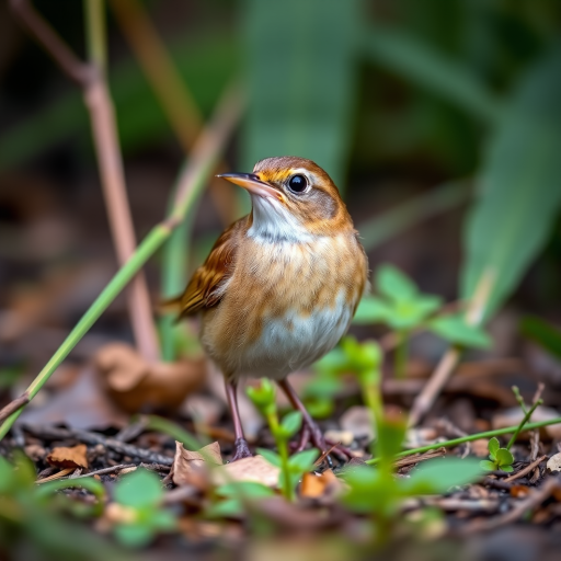 A close-up shot of a wren standing on the ground surrounded by greenery, using a Canon EOS 90D, 100mm f/2.8 macro lens, aperture f/4, ISO 400, natural lighting, shallow depth of field for soft background blur.