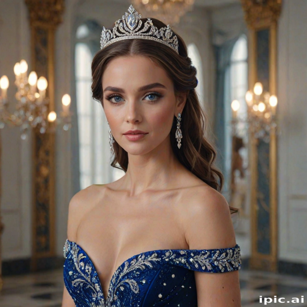 A gorgeous woman in a luxurious blue gown, accessorized with a dazzling tiara and statement earrings, her deep blue eyes highlighted by impeccable makeup, poised in a royal setting, photorealistic, 8K quality