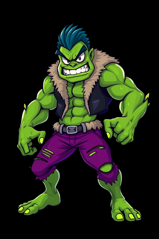 Create a vibrant cartoon character design of a muscular green monster with a determined expression, wearing a fur-lined vest and torn purple pants, in a dynamic pose, using a Canon EOS R5 with a 50mm lens at f/1.8, ISO 100, 1/200s, in a bright and colorful style against a plain black background.