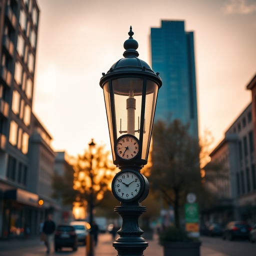 Create an elegant street lamp with dual clocks at the base, positioned in a vibrant urban setting during golden hour, captured with a DSLR camera at f/8 aperture, ISO 100, 50mm lens, from a low angle perspective to enhance the dramatic effect and depth.