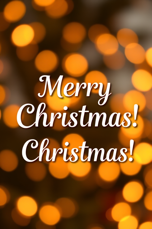 Create a festive Christmas-themed image featuring the text "Merry Christmas!" in a bold, decorative font with a vibrant red color on a soft-focus background of warm bokeh lights and snowflakes, using a DSLR camera with a 50mm lens, aperture set to f/1.8 for shallow depth of field, shot from a straight-on view to enhance clarity and quality.