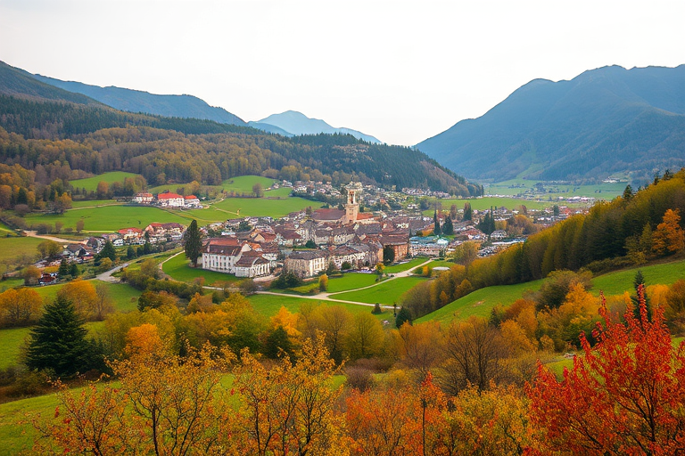 Generate a high-resolution image of a picturesque village nestled in a lush green valley surrounded by hills, with vibrant autumn foliage in the foreground, using a DSLR camera with a 24mm lens, aperture f/8, ISO 100, and a slight vignette effect for enhanced depth.