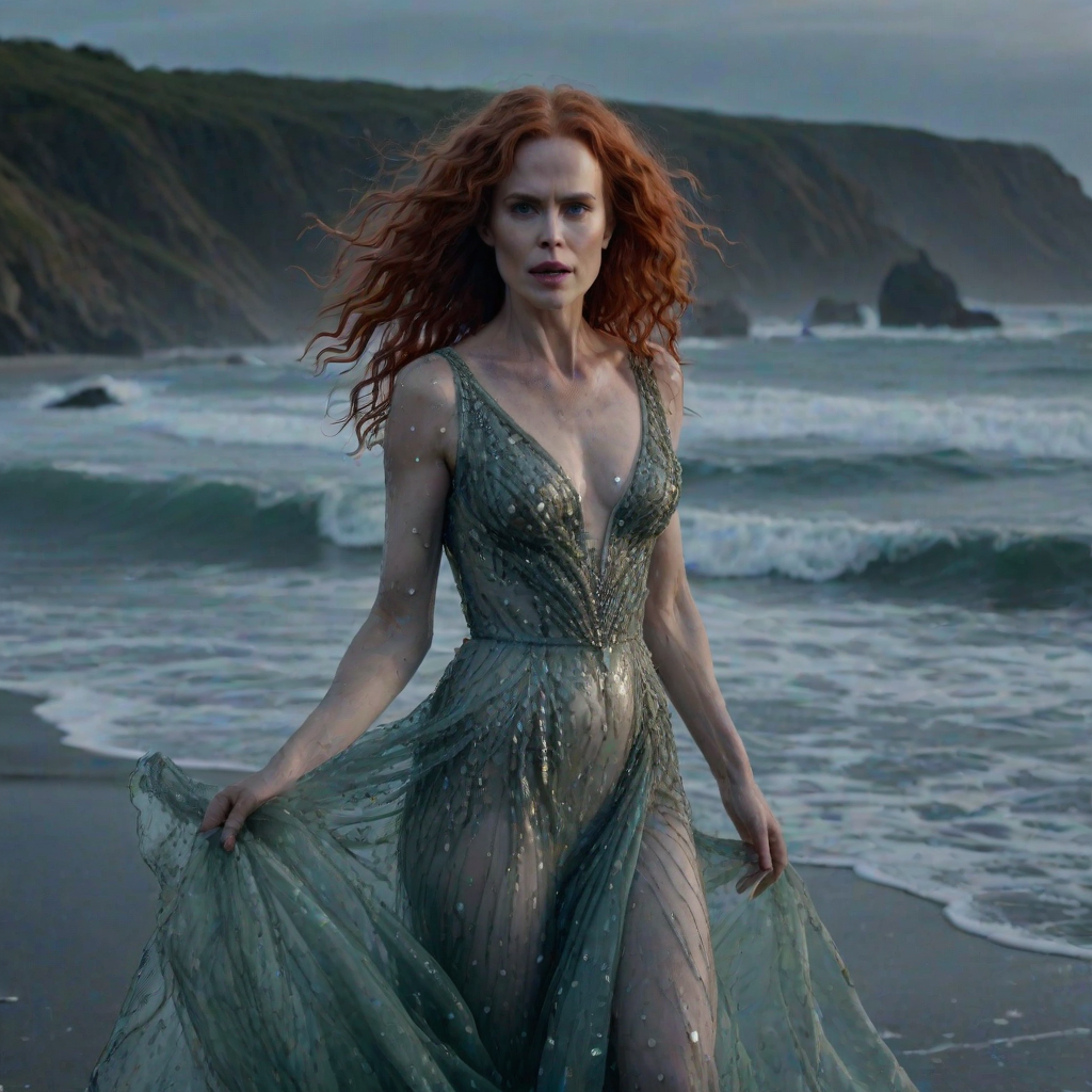 Bewitching image of Nicole Kidman, Big Little Lies star, with her porcelain skin and cascading red curls, emerging from misty waves in a sheer, iridescent gown, on a moonlit beach dotted with bioluminescent algae