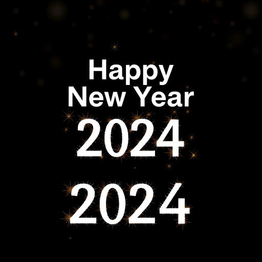Create a digital illustration of a New Year greeting with the text "Happy New Year 2024" featuring a dark background with sparkling effects, utilizing a Canon EOS R5 camera, 50mm lens, f/1.8 aperture, ISO 100, 1/200 sec shutter speed, shot from a straight-on view in a high-resolution style.