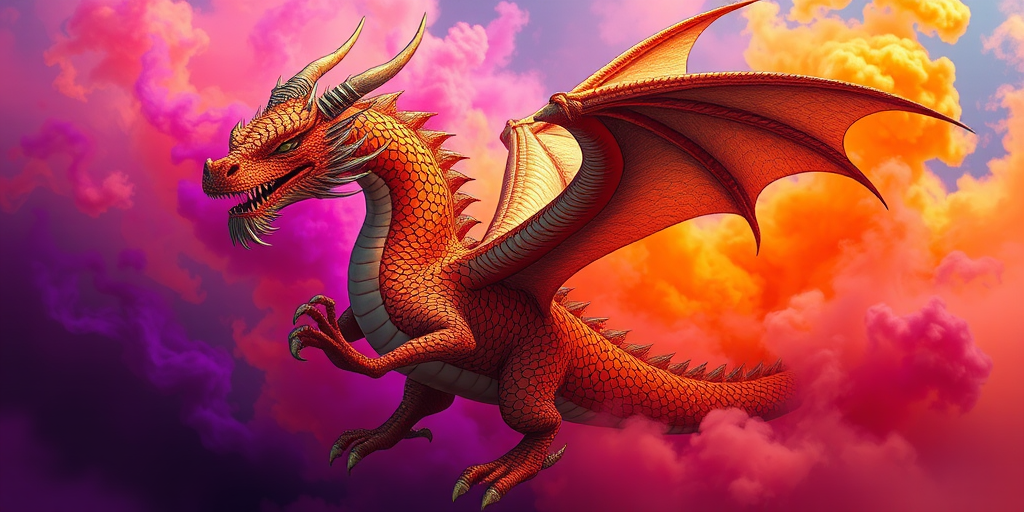 Create a vibrant illustration of a mythical dragon with intricate scales and dynamic poses, set against a colorful, swirling background of purple and orange smoke, captured with a DSLR camera at f/2.8, ISO 100, 50mm lens, in portrait orientation, using high saturation and contrast for enhanced colors.