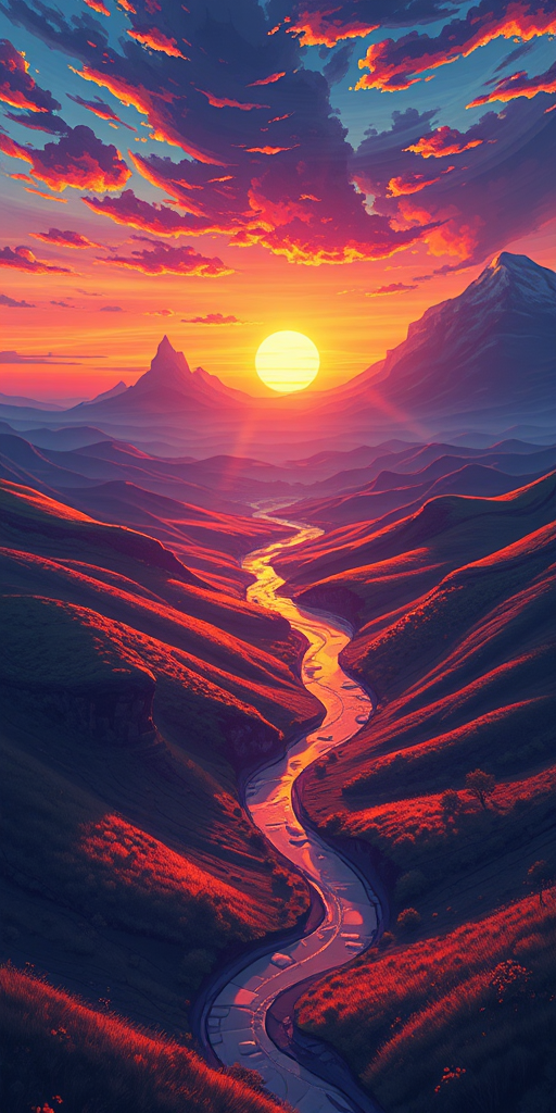 Create a detailed illustration of a fantastical landscape featuring a vibrant sunset over rolling hills with a meandering river, captured with a DSLR camera set to f/8, ISO 200, 1/250 sec, shot from a wide-angle perspective, utilizing a soft-focus technique for a dreamy effect.