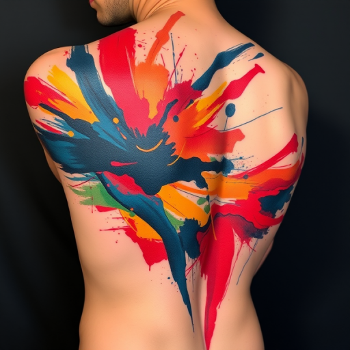 Abstract expressionist tattoo titled "Emotion in Motion" featuring bold, gestural brushstrokes and vibrant color fields that flow across the body, creating a sense of movement and energy while evoking raw emotions through the interplay of colors and forms