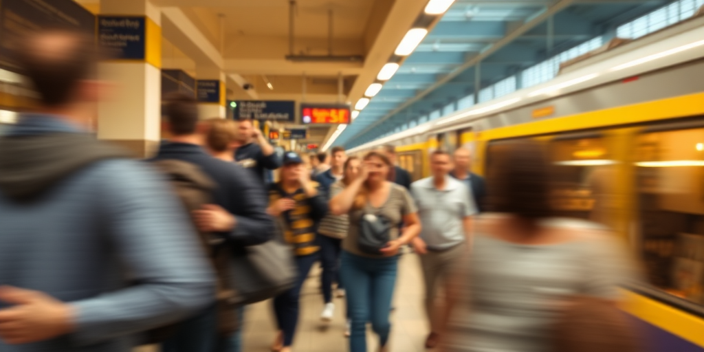 Blurry, fast-paced shot of a crowded train station during rush hour, people rushing by, heads down, the sound of footsteps and distant announcements, soft overhead lighting casting a yellow hue on the scene, a train pulling into the station in the background.