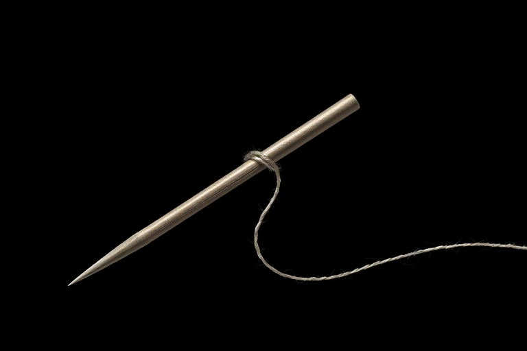 Generate an illustration of a needle and thread with the needle prominently featured and the thread weaving through the needle's eye, using a DSLR camera with a 50mm lens, aperture set to f/2.8, ISO 100, shot from a top-down view with a clean black background for enhanced focus and detail.