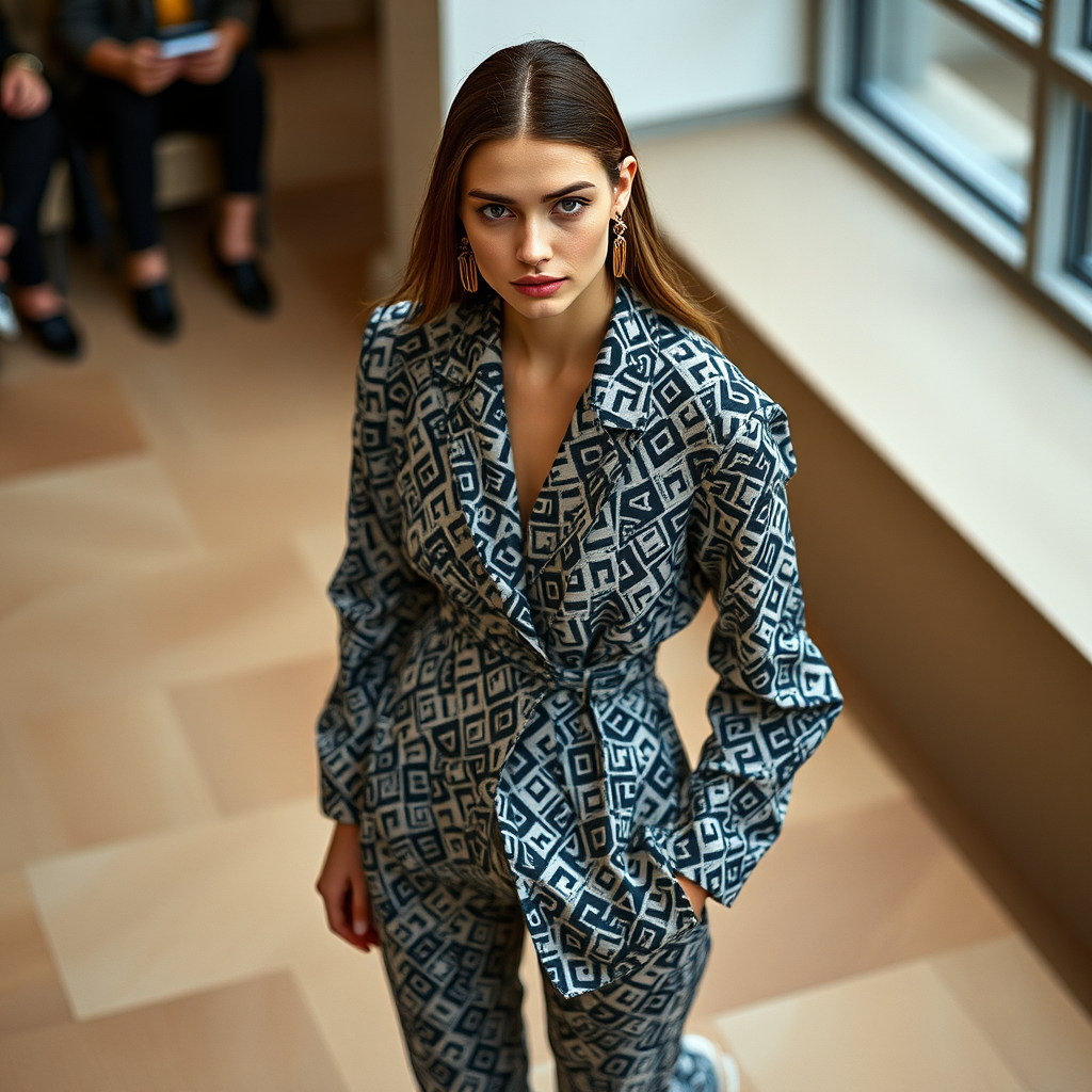 Capture the model from a high angle, emphasizing the outfit’s pattern and silhouette. Use a 35mm prime lens to maintain sharpness and minimize distortion