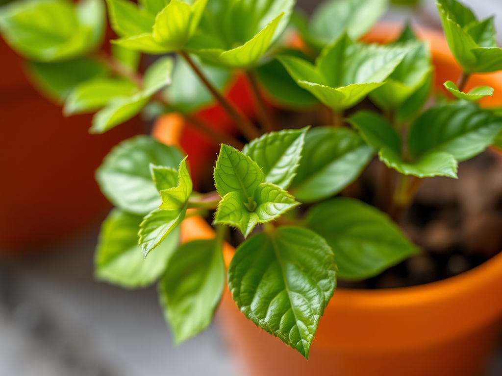High-resolution macro photograph of a potted plant with vibrant green leaves in an orange pot, taken with a Canon EOS R5 at f/2.8, ISO 100, 50mm lens, with soft natural lighting and a blurred background for depth.