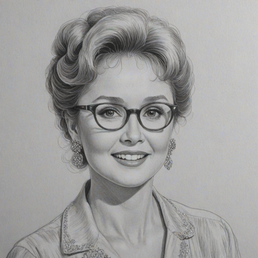 Dazzling Debbie Reynolds, pencil sketch, portrait of Graceful woman 1976s in glasses, hair style beatnik, outline, clear lines, fine lines, 8k