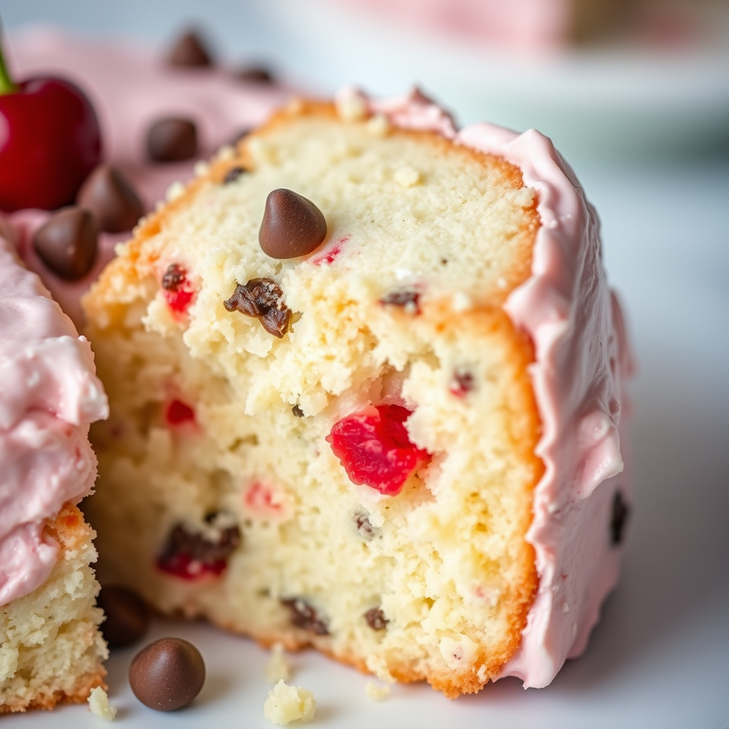 A close-up shot of a slice of cake with a light pink frosting and mixed with pieces of cherry and chocolate chips. The cake has a fluffy texture and looks moist, with some of it missing to show the soft interior. The background is softly blurred to emphasize the cake.