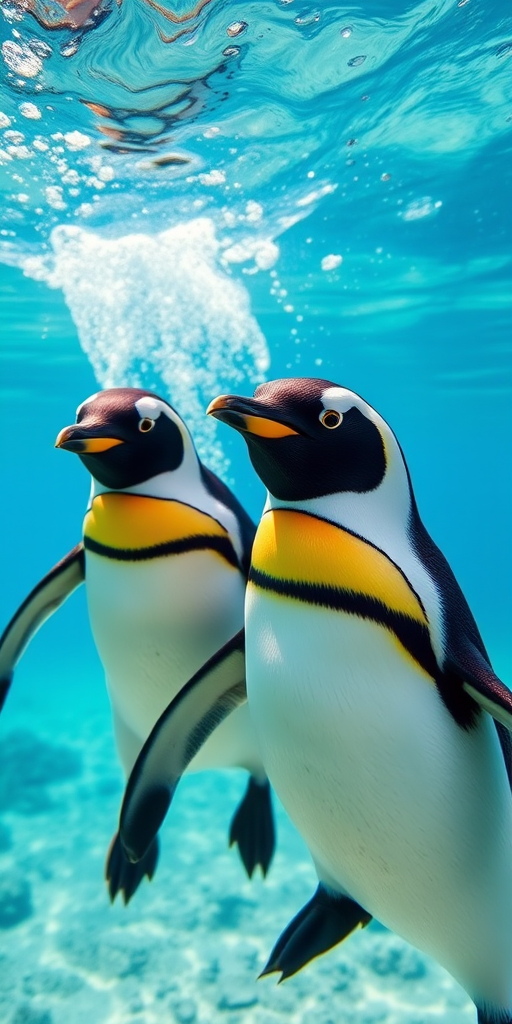 Create a vibrant underwater scene featuring two penguins swimming gracefully in clear blue water, shot with a DSLR camera at ISO 200, aperture f/8, shutter speed 1/500s, wide-angle lens, high dynamic range to enhance color saturation and detail.
