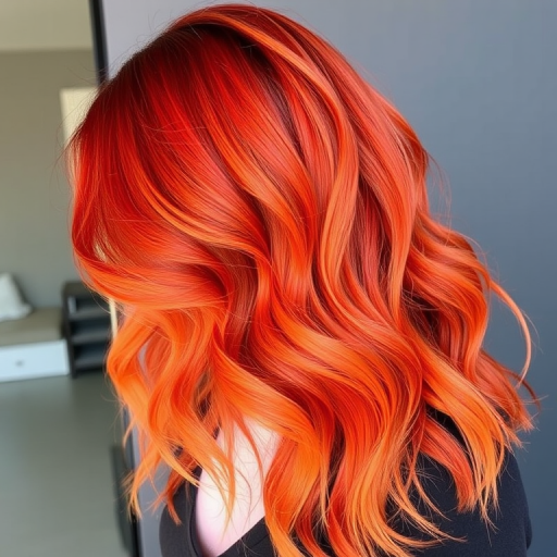 Fiery red and orange balayage hair named "Phoenix Rising," flows in beachy waves from a deep side part, blending warm copper tones at the roots into brilliant flame-like hues at the ends, creating a stunning and dynamic look