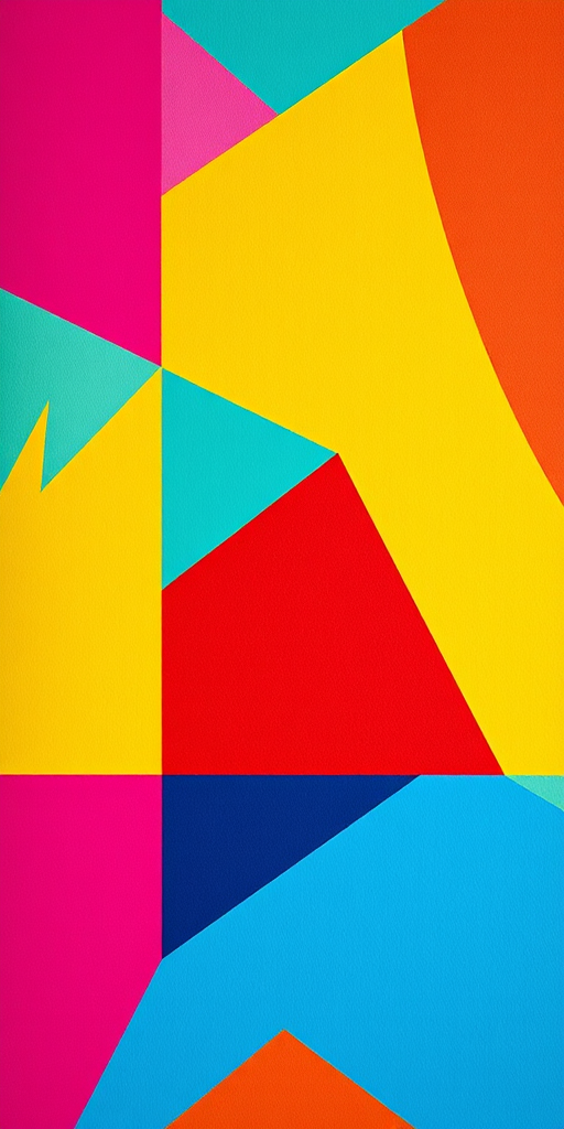 Create a vibrant abstract geometric pattern featuring bold colors like magenta, teal, yellow, red, and blue, using a Canon EOS R5 with a 50mm lens, f/2.8 aperture, ISO 100, at a top-down flat lay angle, enhancing clarity and contrast for a striking visual impact.