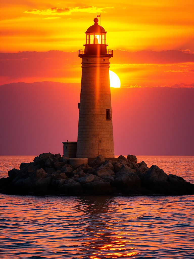 Generate an image of a tall lighthouse perched on a rocky outcrop surrounded by calm ocean waters during a breathtaking sunset. The lighthouse stands sturdy and weathered, its stone surface illuminated by the warm golden light of the setting sun. The sun's rays pass directly through the glass lantern room at the top of the lighthouse, casting a brilliant light across the scene. The sky is painted with vibrant shades of orange, pink, and purple, reflecting off the tranquil sea. The surrounding water shimmers with the same warm hues, creating a serene and majestic atmosphere.
