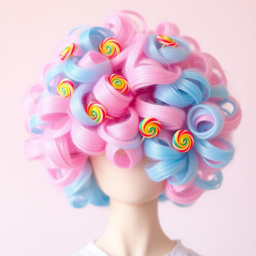 Dreamy cotton candy pink and blue swirls combine in a fluffy, cloud-like afro, adorned with miniature rainbow lollipops for a whimsical candy wonderland effect