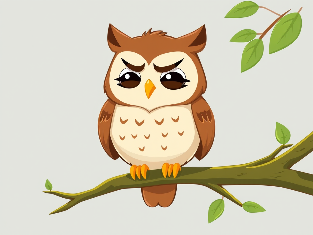 create a cartoon-style illustration of an owl sitting on a green branch with a frustrated expression, use a high-resolution setting at 300 DPI, capture with a 50mm lens, aperture f/2.8, and a slight vignette effect to enhance color saturation and sharpness.