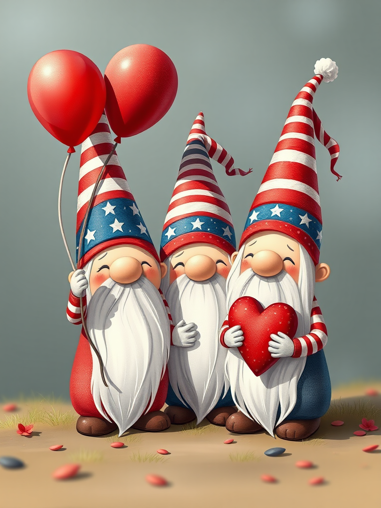 Create an illustration of three whimsical gnomes celebrating a festive occasion, with one holding balloons and another holding a heart, wearing hats in a patriotic theme with red, white, and blue stripes and stars, captured with a DSLR camera at f/2.8, ISO 200, 50mm lens, natural lighting, and shallow depth of field.