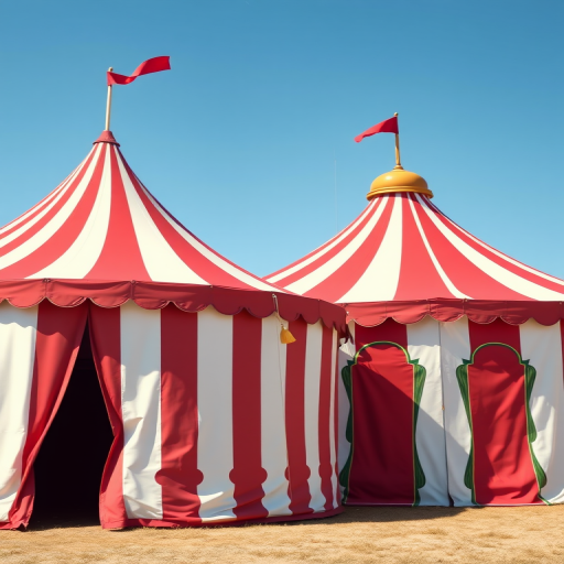 Create a detailed illustration of two circus tents side by side, one with a pointed roof and flags and the other with a rounded roof and scalloped edges, captured with a DSLR camera at f/8 aperture, ISO 100, and a 50mm lens for sharp details and vibrant colors, in a bright and sunny outdoor setting to enhance image quality.