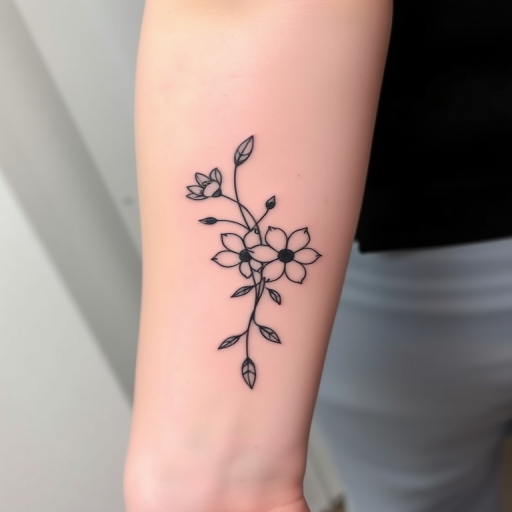 Minimalist fine line tattoo titled "Whispered Secrets" using thin black lines to create a delicate and elegant design of intertwining flowers and leaves with subtle shading for depth and dimension