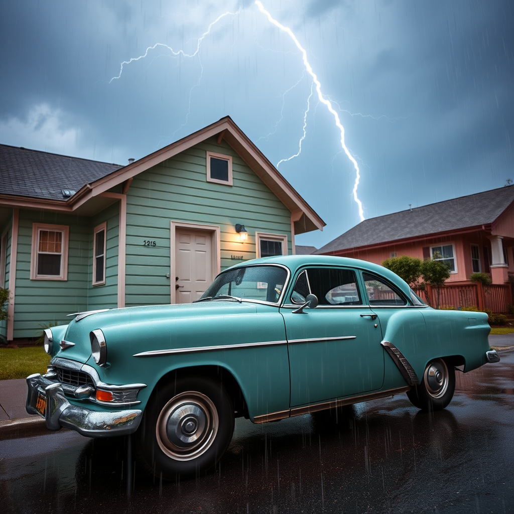 A vintage teal car parked in front of a pastel-colored house during a heavy rainstorm with lightning in the background, camera settings: ISO 200, aperture f/8, shutter speed 1/125s, camera view: side profile, camera style: HDR photography, camera type: DSLR.