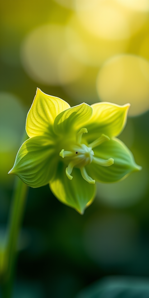 Capture a close-up of a delicate green hellebore flower with a soft bokeh background, using a DSLR camera, 50mm lens, f/1.8 aperture, ISO 100, 1/200s shutter speed, and natural lighting for enhanced detail and vibrant colors.