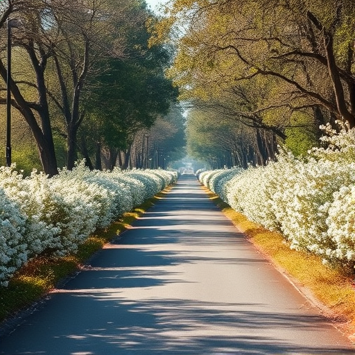 regenerate the image of a peaceful road lined with flowering white bushes and trees on either side under soft natural light, use a DSLR camera with a 50mm lens, aperture f/2.8, shutter speed 1/250 sec, ISO 100, capture from eye level in a shallow depth of field to enhance the foreground details and create a soft background blur.