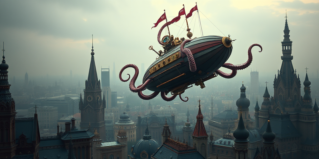 a steampunk octopus airship flying over a fantastical cityscape, highly detailed, vibrant colors, soft focus background, taken with a Canon EOS R5, 24mm f/1.4 lens, ISO 100, aperture f/4, shutter speed 1/250 sec, low angle view, cinematic style