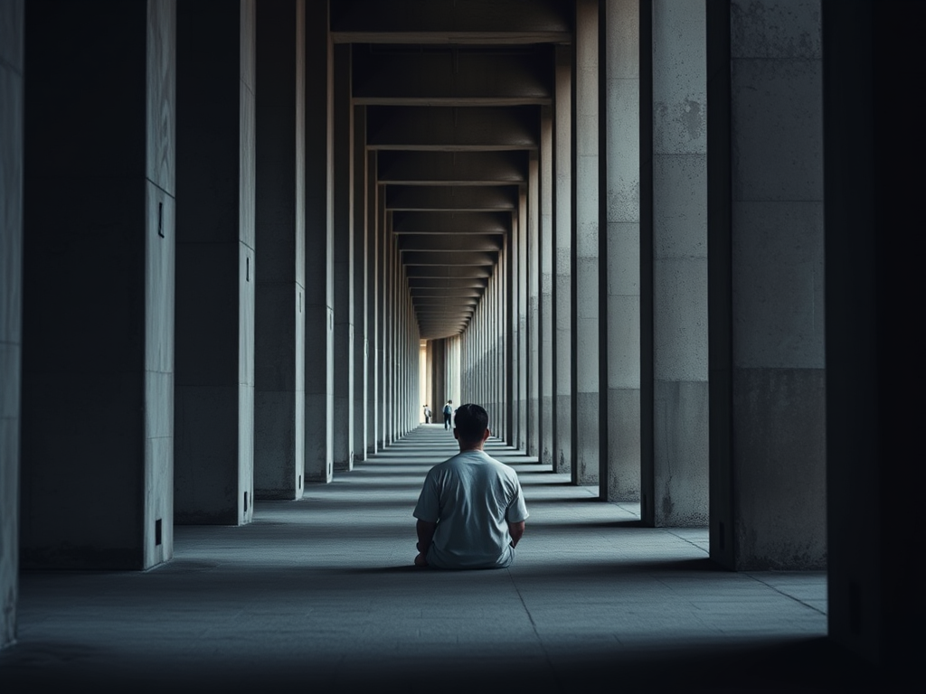 Create an image of a person sitting quietly in a long, dark tunnel with geometric pillars, use a Canon EOS R5, 50mm lens, aperture f/1.8, ISO 100, 1/60 sec shutter speed, in natural light for enhanced depth and focus.