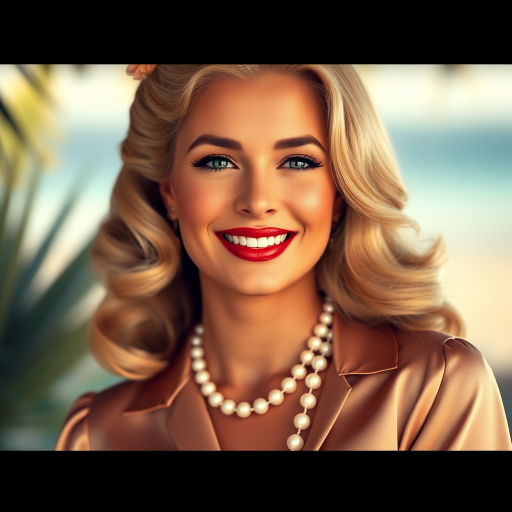 A beautiful Hawaiian woman reminiscent of 1950s Hollywood glamour, with perfectly styled blonde hair and a seductive smile, dressed in a satin blouse and adorned with pearls, soft and warm tones, photorealistic, 8K