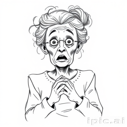 scribbly unfinished sketch, old lady with messy gray hair in a loose bun, surprised expression, mouth open, hands clasped together in front of her chest. Her eyes are wide, eyebrows are furrowed. vibe of shock or surprise.