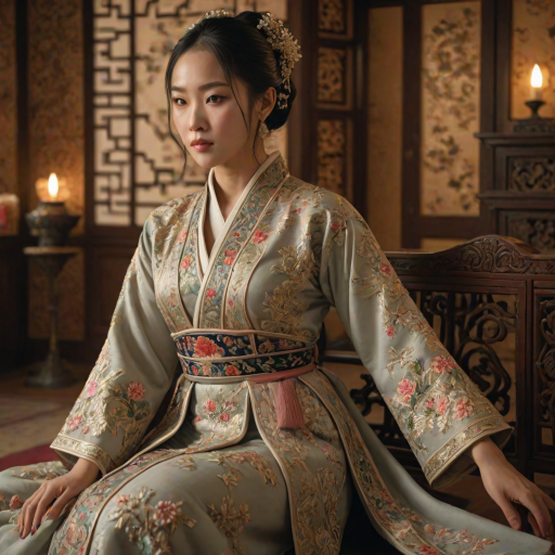 A beautiful woman in traditional East Asian attire, intricately detailed with embroidered patterns, sitting gracefully in a richly decorated room, soft ambient lighting, serene and elegant, ultra-realistic, 8K resolution