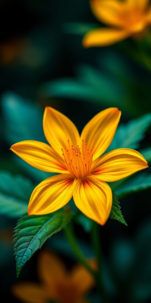 Create a vibrant, high-resolution illustration of a yellow flower with orange edges and green leaves, captured in a macro view using a DSLR camera at f/2.8 aperture, ISO 100, and a shutter speed of 1/200 sec, with a shallow depth of field to enhance detail and clarity.