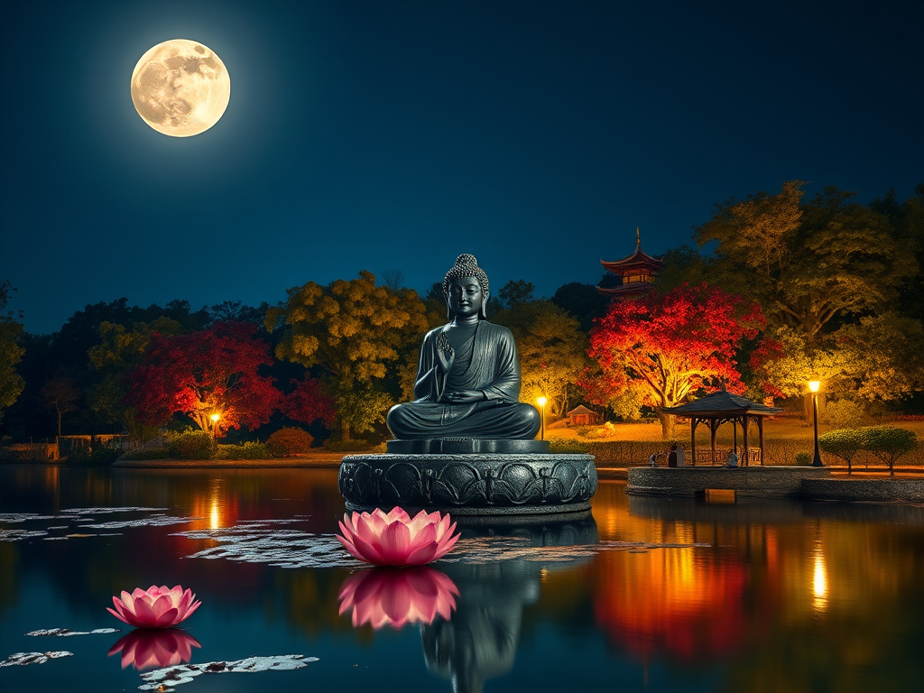 Create a serene night scene featuring a large Buddha statue seated on a lotus flower in a tranquil lake surrounded by colorful trees and pagodas, illuminated by a full moon, using a DSLR camera with a 50mm lens, aperture set to f/1.8, ISO 200, and a slow shutter speed of 1/10 second for enhanced detail and depth.