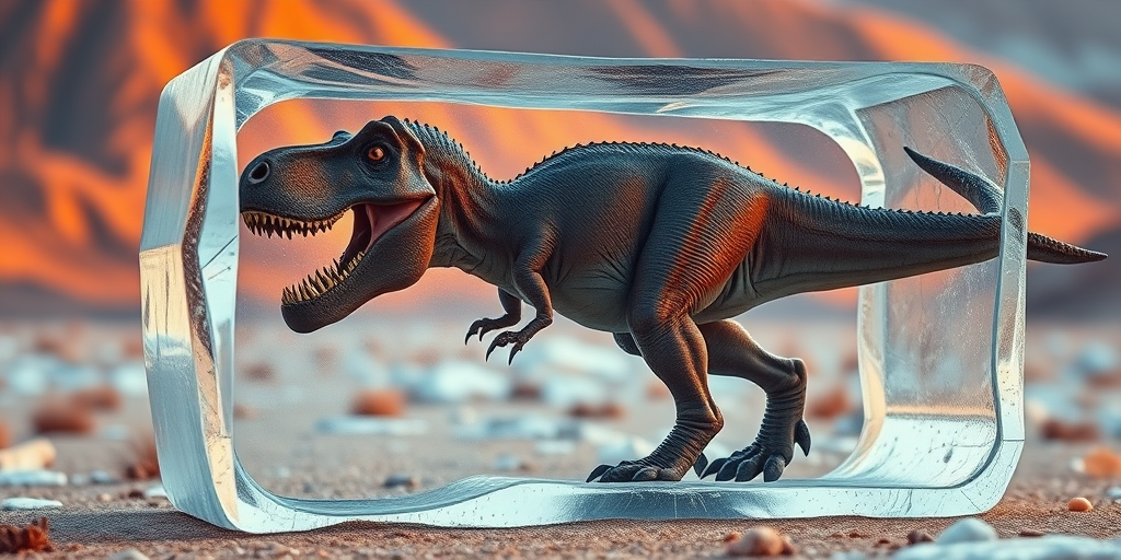 Create a highly detailed image of a Tyrannosaurus Rex encased in a translucent ice cube, set in a prehistoric landscape with warm orange tones, using a Canon EOS R5 camera with a 50mm lens, aperture f/1.8, ISO 100, and a soft focus background for depth.