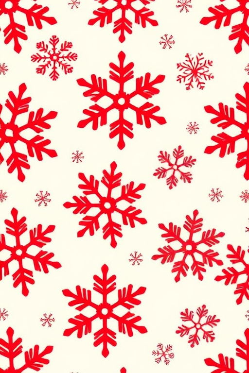 Create a seamless pattern of various red snowflakes on a light cream background, using a macro lens at f/8 for sharp detail, with a wide-angle view and a DSLR camera type to enhance image quality.