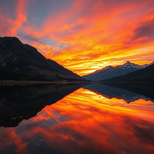 Create a detailed landscape of a serene lake reflecting a colorful sunset with mountains in the background, taken with a DSLR camera at f/8, ISO 100, 1/125s, using a wide-angle lens at a high dynamic range to enhance color vibrancy and depth.
