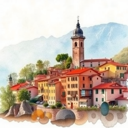 watercolor painting of a scenic village with a tower and mountains in the background, soft blending colors, natural light, taken with a Canon EOS 5D Mark IV, aperture f/8, ISO 100, 50mm lens, high dynamic range, slightly elevated view